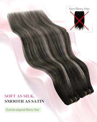 Balayage Sew-In Hair Extensions - Real Human Hair Black Silver Blonde 14 Inch 70g - Variation of Silver/Black Mix #1B/Silver/Black