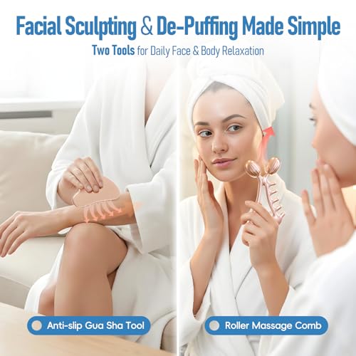 Gua Sha Facial Tools & Face Roller Set - Rose Gold Stainless Steel for Lymphatic Drainage & Face Sculpting