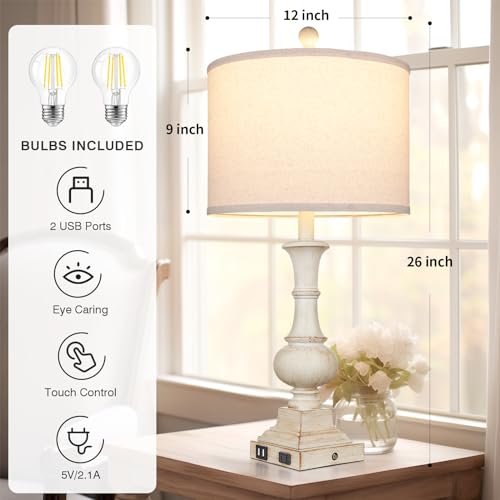 White 26-Inch Farmhouse Table Lamps Set of 2 with USB-C & AC Outlets, Dimmable Touch Control, Rustic Nightstand Lamps for Bedroom and Living Room