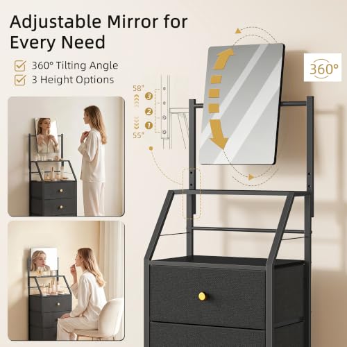 HIGDBFE Black Vanity Dresser with Adjustable Mirror, 4 Drawers, 15.3" W, 58" Height