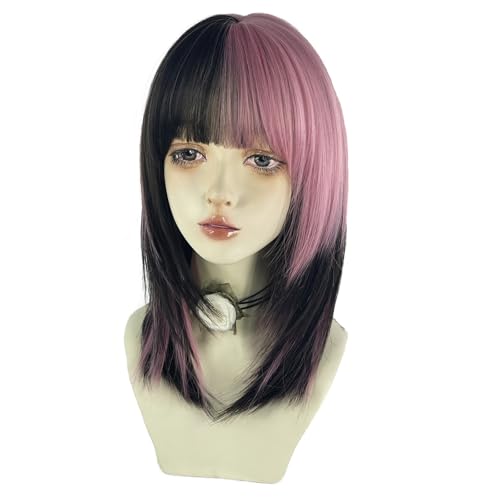 WKLOUYHE Women's Short Straight Wig with Bangs - Shoulder Length Bob, Heat Resistant Synthetic Hair, Black & Pink