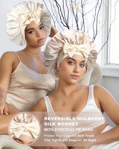Mulberry Silk Sleep Bonnet for Women - Reversible Curly Hair Wrap with Tie Band