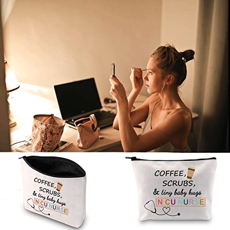 JXGZSO NICU Nurse Gift NICU Nurse Makeup Bag Coffee Scrubs Tiny Baby Hugs Cosmetic Bag (COFFEE NICU Nurse Bag)