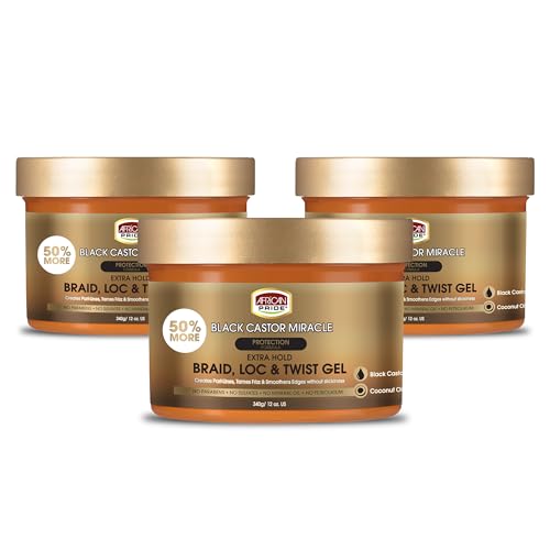 African Pride Black Castor Miracle Extra Hold Braid Gel with Coconut Oil - 3 Pack, 12oz Each