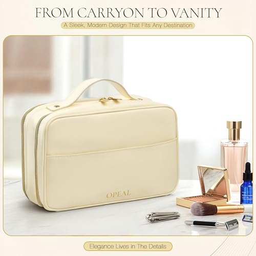 Travel Makeup Bag ? Elegant Waterproof Modular Cosmetic Organizer for Women with Adjustable Compartments, Premium Toiletry Case for Carry-On & Daily Essentials, Cream