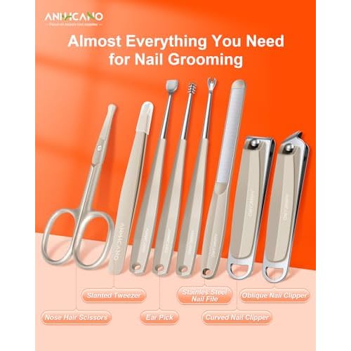 Manicure & Pedicure Kit for Men & Women, ANIHICANO 8-in-1 Premium Stainless Steel Personal Care Tools Set with PU Leather Case, Travel-Friendly for Home & Professional Use (Champagne)