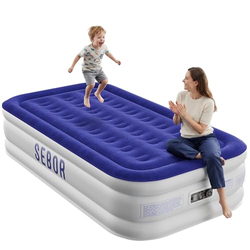 Sebor Blue 18-Inch Twin Self-Inflating Air Mattress with Built-In Pump & Storage Bag