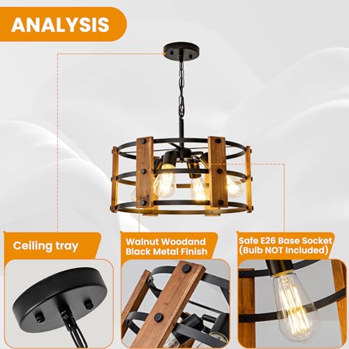 Brown Wood Farmhouse Chandelier - 15-Inch Rustic Wooden Pendant Light Fixture for Dining & Entryway