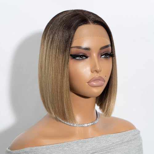 Short T Part HD Lace Front Bob Wig - Ombre Brown Blonde, 10 Inch