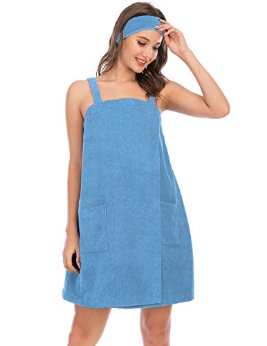 XX-Large Women Bath Wrap Towel with Pocket & Adjustable Spa Robe - Light Blue