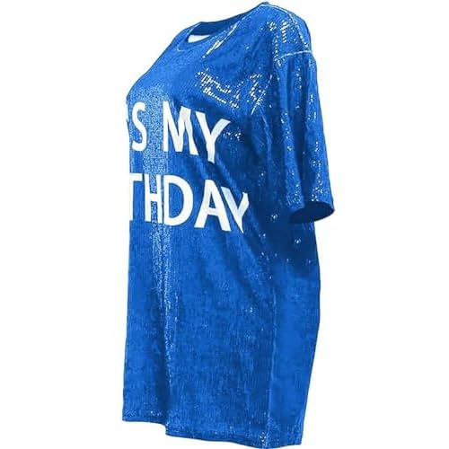 KIRJAUDU Women Sparkly Sequin Mini Dress Crewneck Bling Letter Print Half Sleeve Loose Mini Dress Clubwear