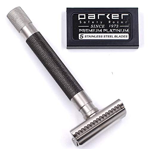Parker Semi-Slant Double Edge Safety Razor - Graphite Finish with 5 Blades