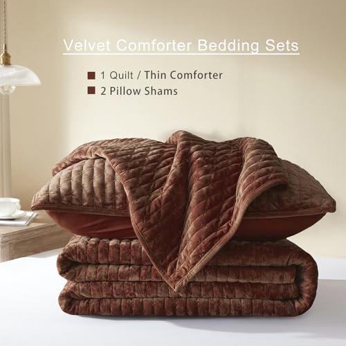 King Size Burnt Orange Velvet Quilt Set with 2 Shams - All Season Lightweight Comforter