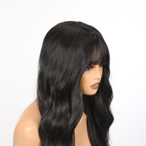 Jet Black Wavy PuffPro Voluminous Wig with Bangs - 28 Inch Long Realistic Scalp for Women