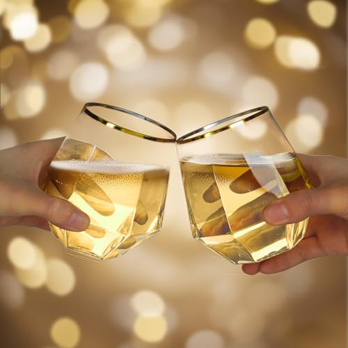 Clear and Gold 80PCS Diamond Stemless Plastic Wine & Whiskey Glasses - Gold Rim