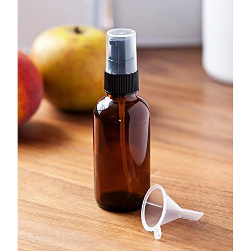 JUVITUS 2 oz Amber Glass Boston Round Black Treatment Pump Bottle (10 pack) + Funnel BPA Free Refillable Empty Storage Containers