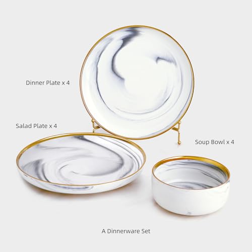 Pokini Marble Gold Rim Dinnerware Sets - Sage Green Porcelain Plates & Bowls