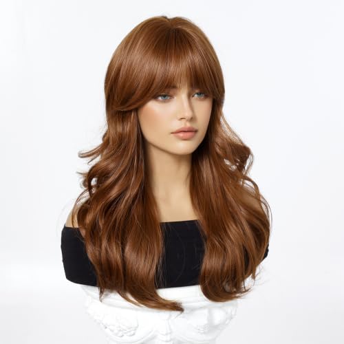 Osicapea Auburn Wigs with Bangs for Women - Natural Wavy Curly 22 Inch Synthetic Wig for Cosplay & Daily Use