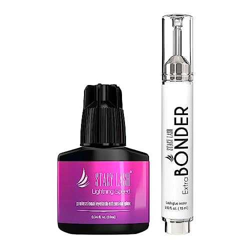 Lightning Speed Eyelash Extension Glue 10ml & Extra Bonder 15ml - Stacy Lash/Black Adhesive 0.3Sec Drying Time/Retention ? 6-8 Weeks/Super Sealer/Reduces Glue Fumes/Professional Supplies