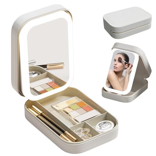Travel Makeup Bag With Led Mirror, LED Makeup Bag, Travel Makeup Case with Led Mirror, Portable Makeup Box with Mirror and Light, Gift For Girl Women (Beige)
