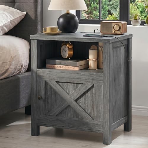 Farmhouse Nightstand with Charging Station and Storage - Dark Grey Wood End Table