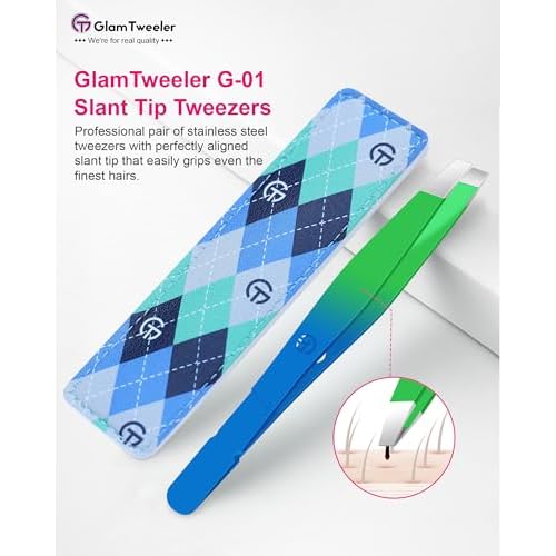 Exclusive G-01 Slant Tip Tweezers, GlamTweeler High Precison Expert Eyebrow and Facial Hair Removal Tweezer with Leather Storage & Carrying Case (Princess Blue & Green)