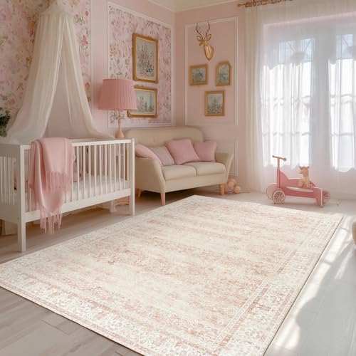 Pink 6x9 Boho Floral Bedroom Rug - Vintage Low Pile Area Rug for Nursery & Home