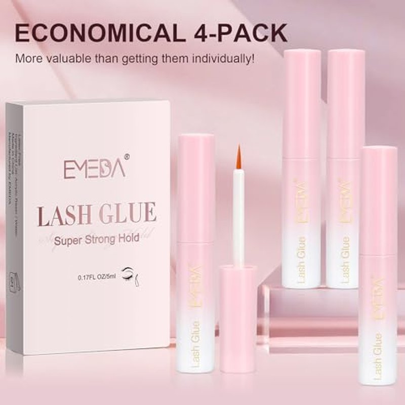 EMEDA Eyelash Glue 4Pcs 20g/0.68 oz Clear Lash Glue, Waterproof, Super Strong Hold, Latex Free, Hypoallergenic, Formaldehyde-Free White Strip Eyelash Adhesive EMEDA