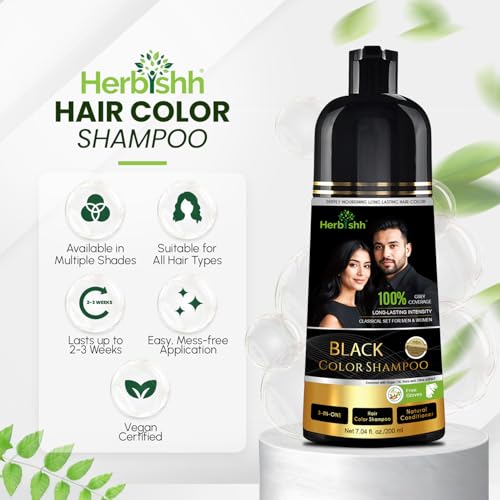 Herbishh Black Hair Dye Shampoo 200ml for Gray Coverage & Nourishment - Black