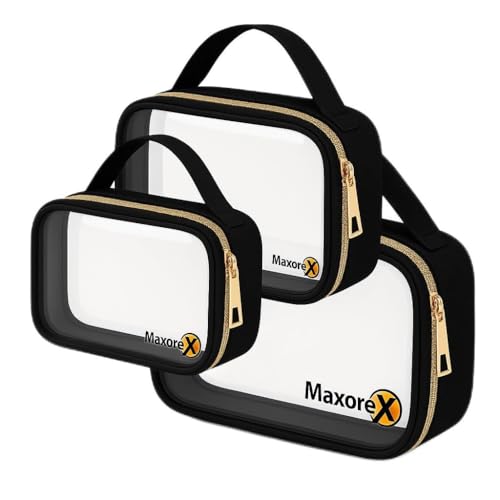 Clear TSA Approved Toiletry Bag Set ? 3 Waterproof Makeup & Cosmetic Bags with Handles for Women (S/M/L) ? Durable, Spill-Proof Travel Organizer for Airport & Home Use Black