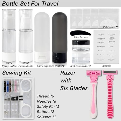 Travel Kit 39 Essentials for Travel Emergency, Large Capacity Toiletry Bag, All Purpose Grooming Set, Airplane Pillow Kit, TSA Approved (Pearl Bisque Beige)