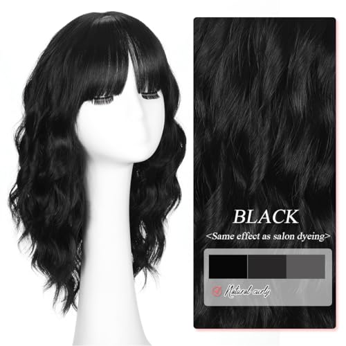 Black Wigs for Women 16 Inch Wavy Short Style with Bangs - Lightweight & Natural Looking