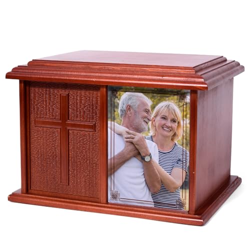 Double Companion Urn with Cross & Photo Frame - Holds Up to 400 Cubic Inches, Wooden Memorial for Husband & Wife - Variation: Cross