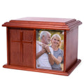 Double Companion Urn with Cross & Photo Frame - Holds Up to 400 Cubic Inches, Wooden Memorial for Husband & Wife - Variation: Cross