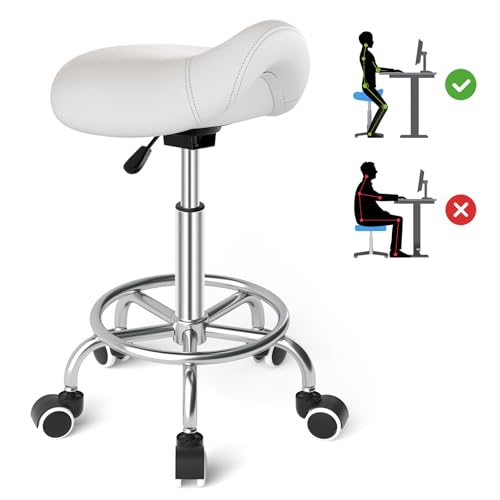 Ergonomic Saddle Stool with Wheels - White Saddle Chair, Adjustable Height