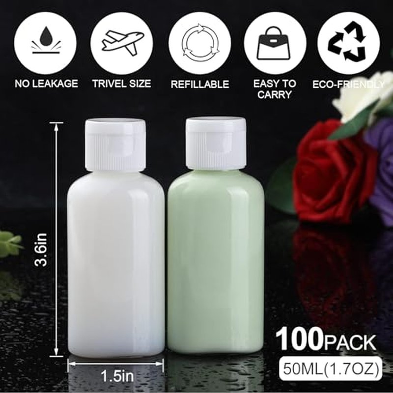 100Pack 1.7oz/50ml Plastic Empty Squeeze Bottles with Flip Cap Hand Sanitizer Bottle small travel Size bottles Refillable Container for Shampoo Lotion Cream Body Soap Baby Shower Wedding Party Favors