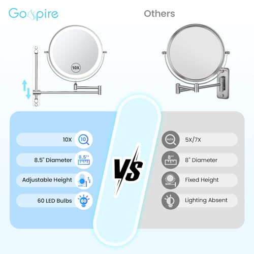 Gospire 8.5" Rechargeable Wall Mounted Lighted Makeup Mirror with Magnification 10X, Adjustable Brightness & Height, 3 Light Colors, 360¡Æ Rotation, Magnifying Mirror with Light for Women - Chrome