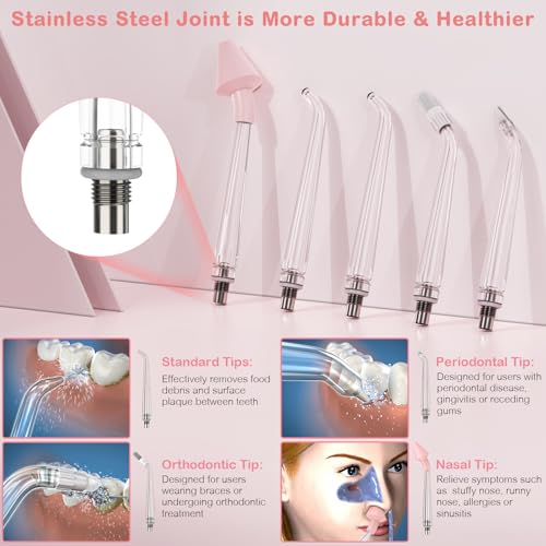 Portable Water Flosser with Travel Case - Rechargeable IPX7 Waterproof Oral Irrigator Pink - 5 Jet Tips & 4 Modes