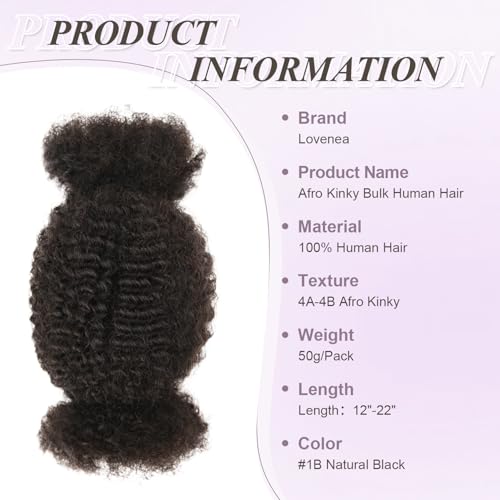 Lovenea 1B Natural Black Afro Kinky Human Hair for Braiding 12-inch, 1 Pack