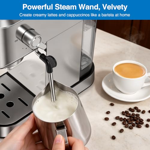 XIXUBX Silver Espresso Machine with Milk Frother - 20-Bar, Steam Wand, Compact
