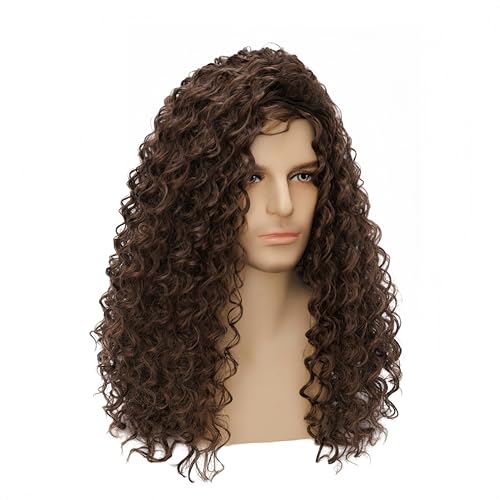 Mens Brown Curly Synthetic Wig - Fluffy Long Halloween Cosplay Hair - Variation Brown-3