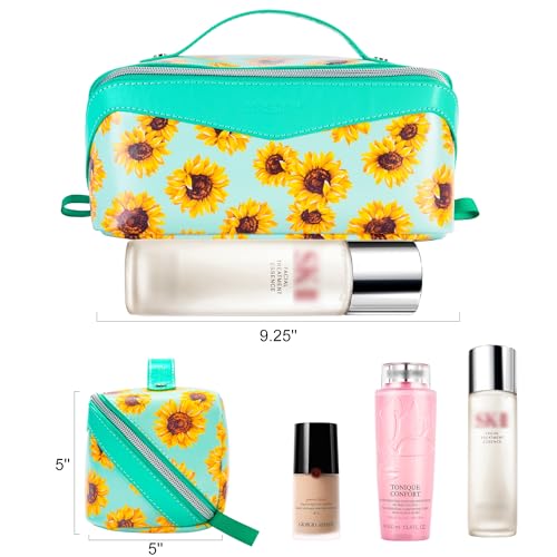 Travel Makeup Bag£¬Large-capacity waterproof cosmetic bag£¬Travel bags and toiletries bags for women£¬PU leather material£¬Multi-zone and large opening design (Sunflower)