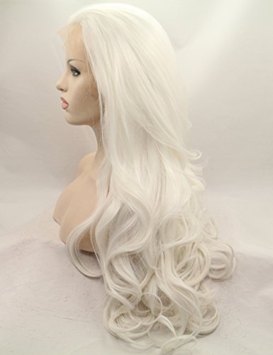 Morvally 24-Inch Platinum White Wavy Lace Front Wig, Glueless, Heat-Resistant Synthetic Hair