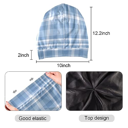 Satin Bonnet Wrap for Sleeping - Lined Sleep Cap for Curly Hair Women & Men - Blue Plaid
