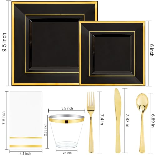 Black and Gold Disposable Plastic Plate Set for 50 Guests - Square Dinnerware with Cups, Cutlery, Napkins - Perfect for Weddings & Halloween 50 Guests