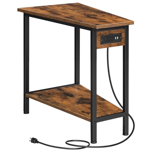 Wedge End Table with Charging Station - Rustic Brown & Black, Industrial Style