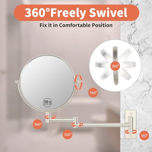 Wall Mount Makeup Mirror with 1X/10X Magnification - Nickel Finish - 16.8-Inch Extendable Swivel