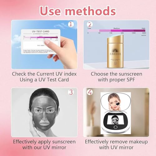 Portable led Mirror Beauty Mirror with Smart UV Sunscreen Tester, 360¡Æ Adjustable UV Camera for Skin Protection Detection Long - Standby Ideal for Sun Skin Care Travel Make up Mirror
