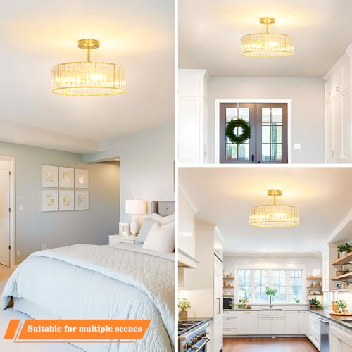 16 Inch Modern Crystal Ceiling Light Fixture - 5-Light Semi Flush Mount Gold