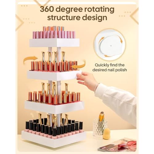 Homde Nail Polish Display Stand and Storage: 360 Degree Rotating Bamboo Rack Organizer, 4 Tier Makeup Holder for Fast Access on Countertop or Vanity for Girls & Women,White